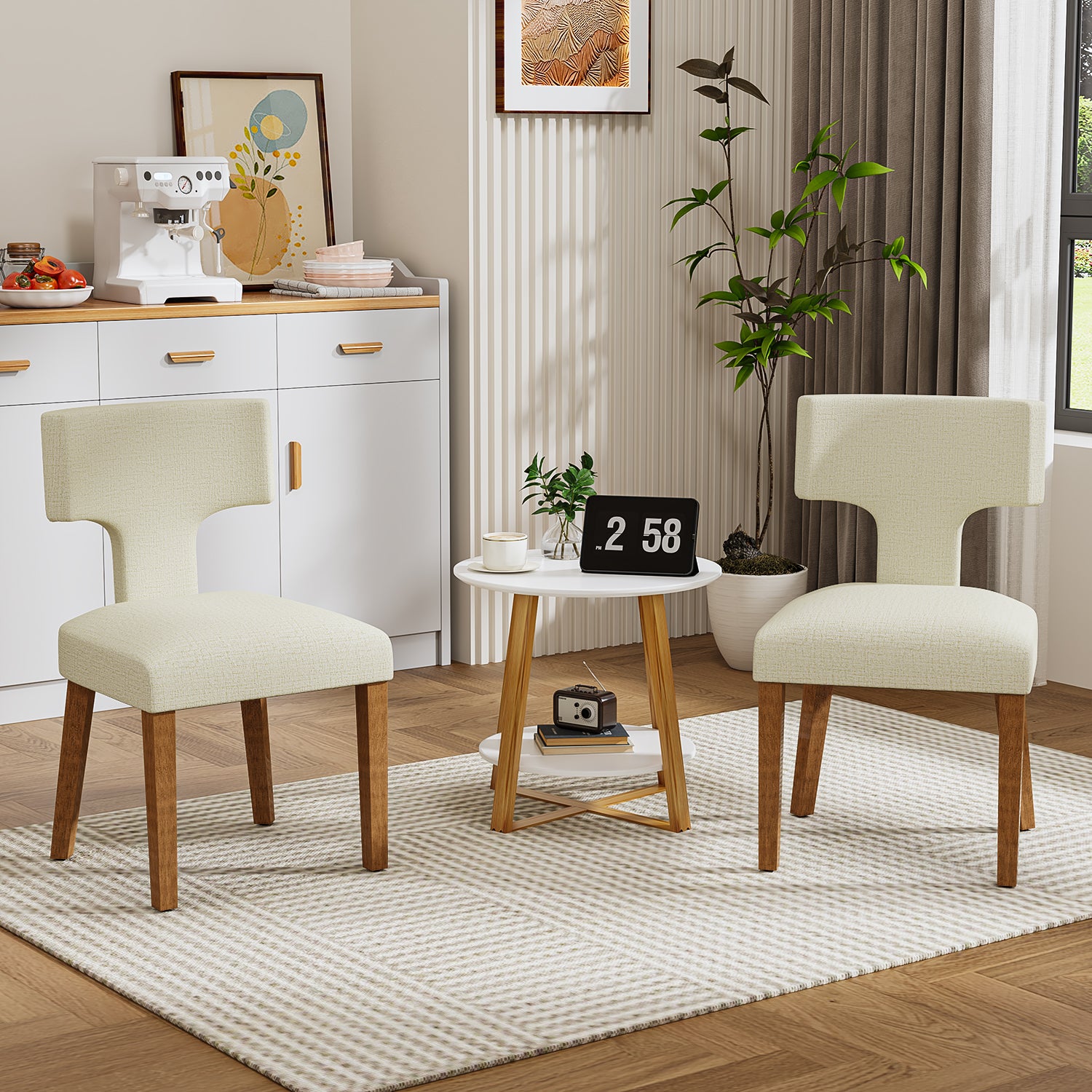 Silla de Comedor con Respaldo en T Estructura de Madera (Beige)