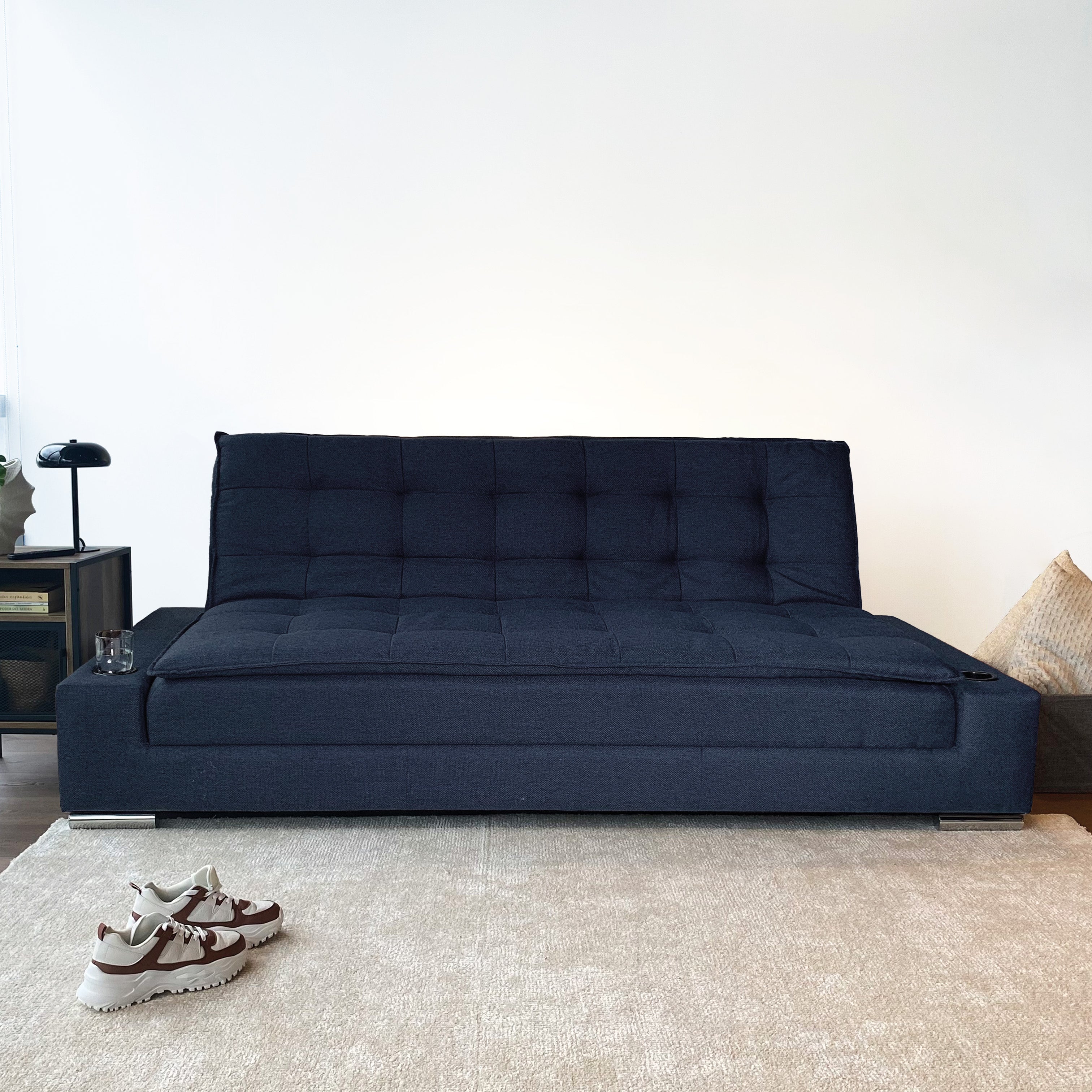 Sofá Cama Matrimonial Multifunción cojín de Respaldo Reversible  Sofá Cama Convertible 2 Portavasos Azul