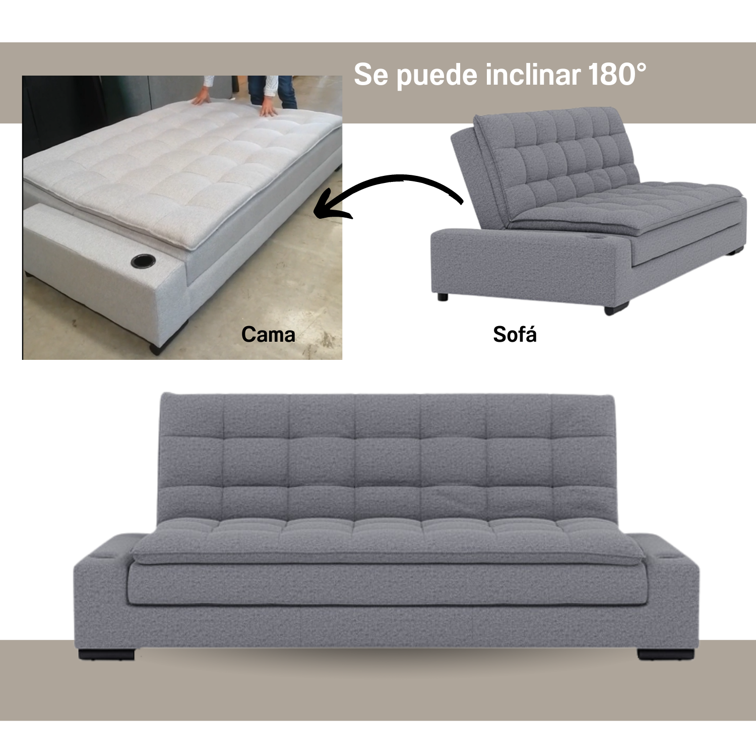 Sofá Cama Matrimonial Multifunción cojín de Respaldo Reversible  Sofá Cama Convertible 2 Portavasos Gris