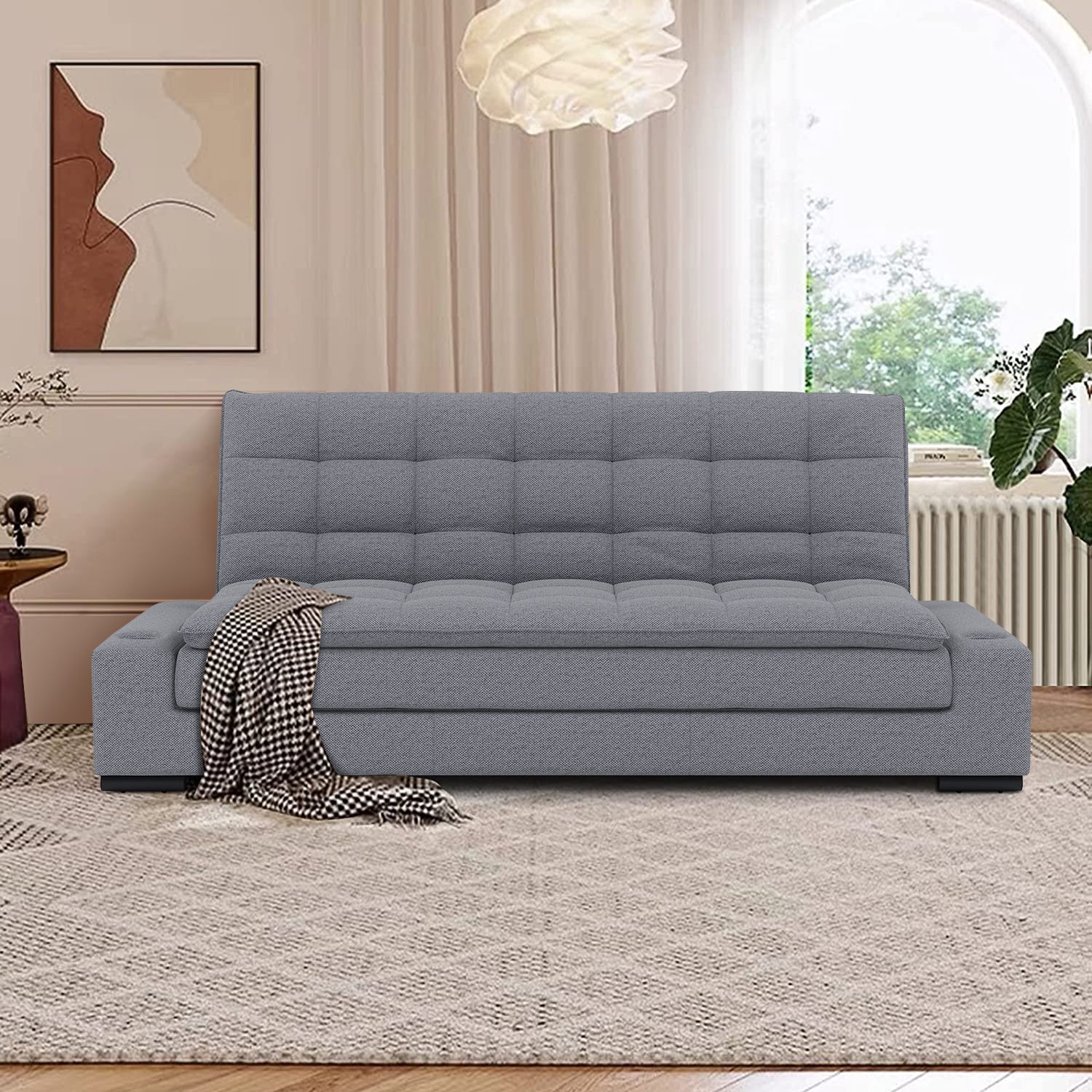 Sofá Cama Matrimonial Multifunción cojín de Respaldo Reversible  Sofá Cama Convertible 2 Portavasos Gris