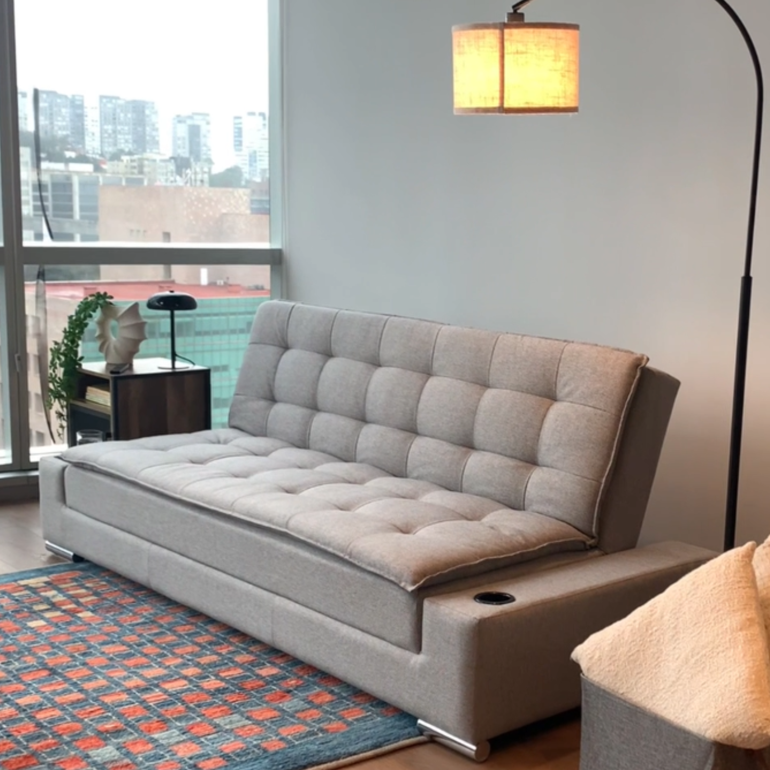 Sofá Cama Matrimonial Multifunción cojín de Respaldo Reversible  Sofá Cama Convertible 2 Portavasos Gris