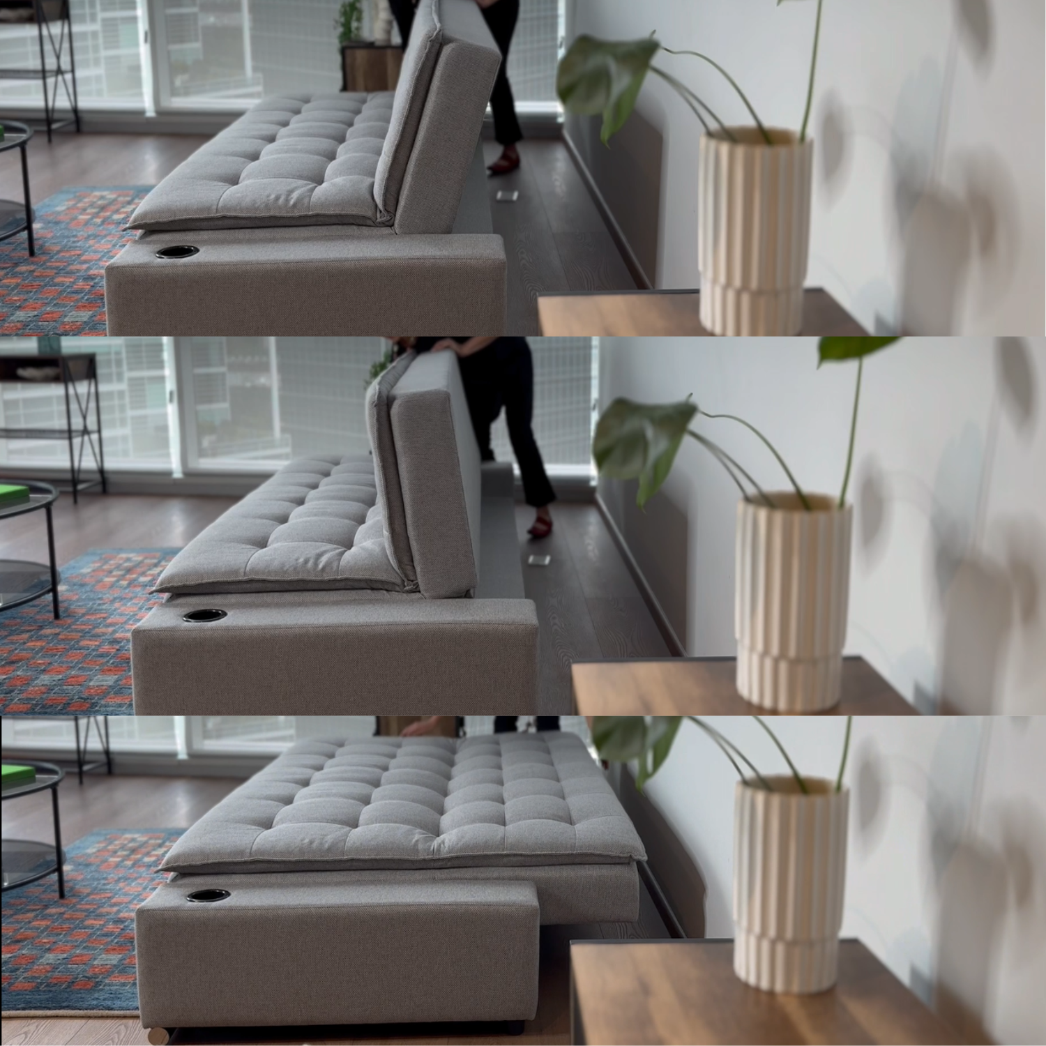 Sofá Cama Matrimonial Multifunción cojín de Respaldo Reversible  Sofá Cama Convertible 2 Portavasos Gris