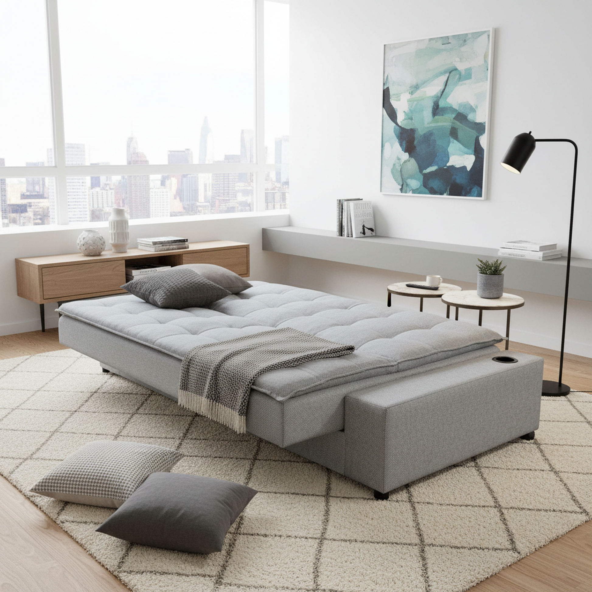 Sofá Cama Matrimonial Multifunción cojín de Respaldo Reversible  Sofá Cama Convertible 2 Portavasos Gris