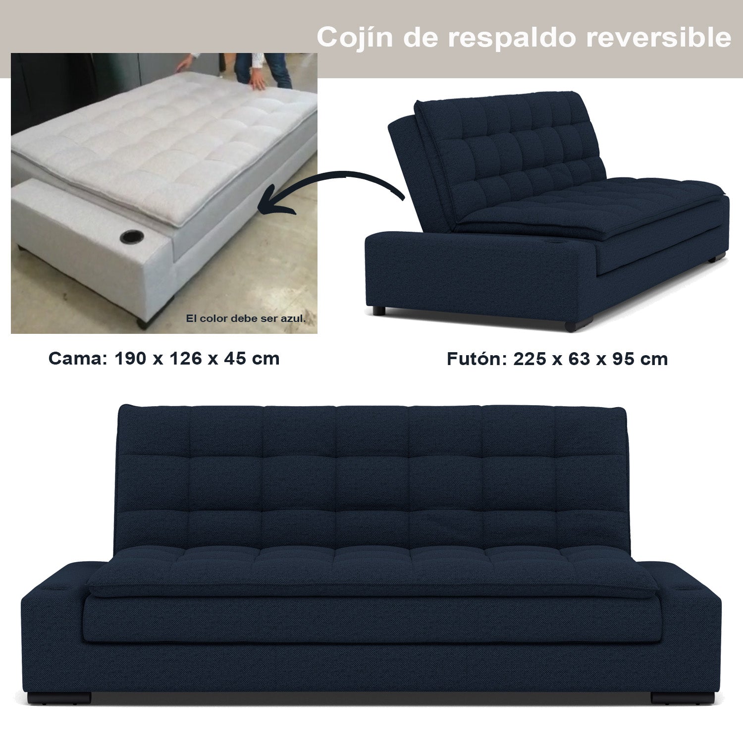 Sofá Cama Matrimonial Multifunción cojín de Respaldo Reversible  Sofá Cama Convertible 2 Portavasos Azul
