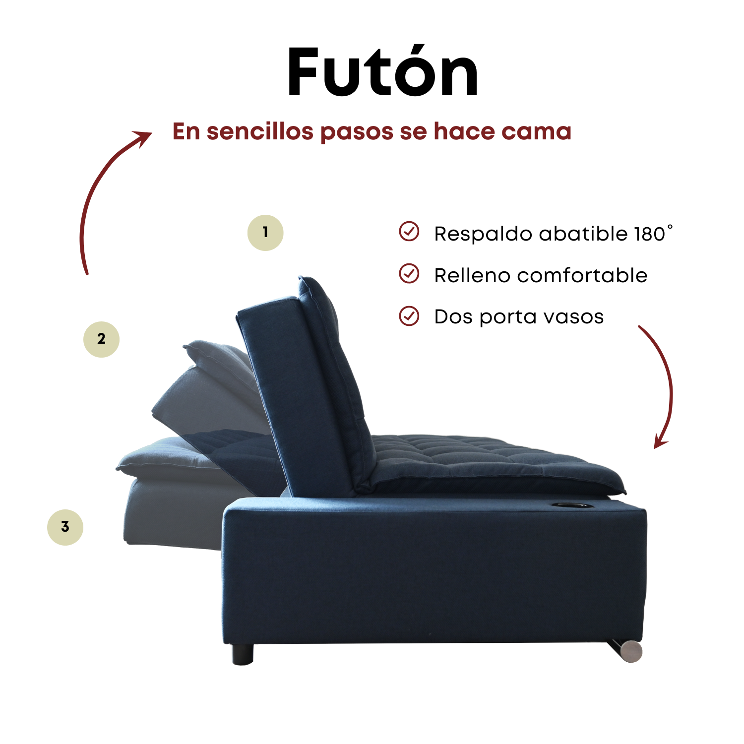 Sofá Cama Matrimonial Multifunción cojín de Respaldo Reversible  Sofá Cama Convertible 2 Portavasos Azul