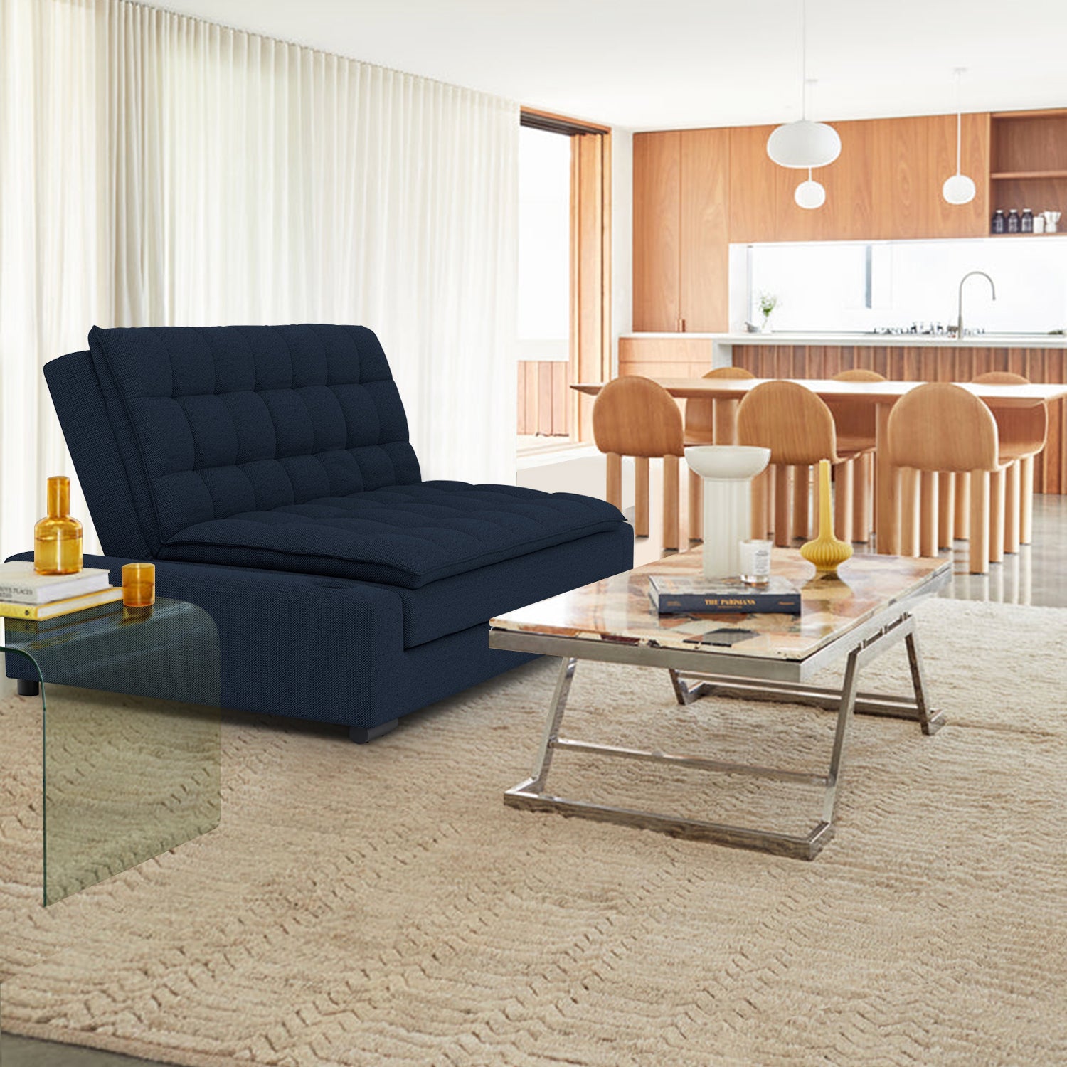 Sofá Cama Matrimonial Multifunción cojín de Respaldo Reversible  Sofá Cama Convertible 2 Portavasos Azul