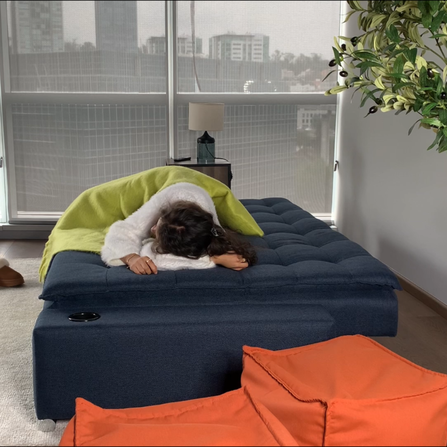 Sofá Cama Matrimonial Multifunción cojín de Respaldo Reversible  Sofá Cama Convertible 2 Portavasos Azul