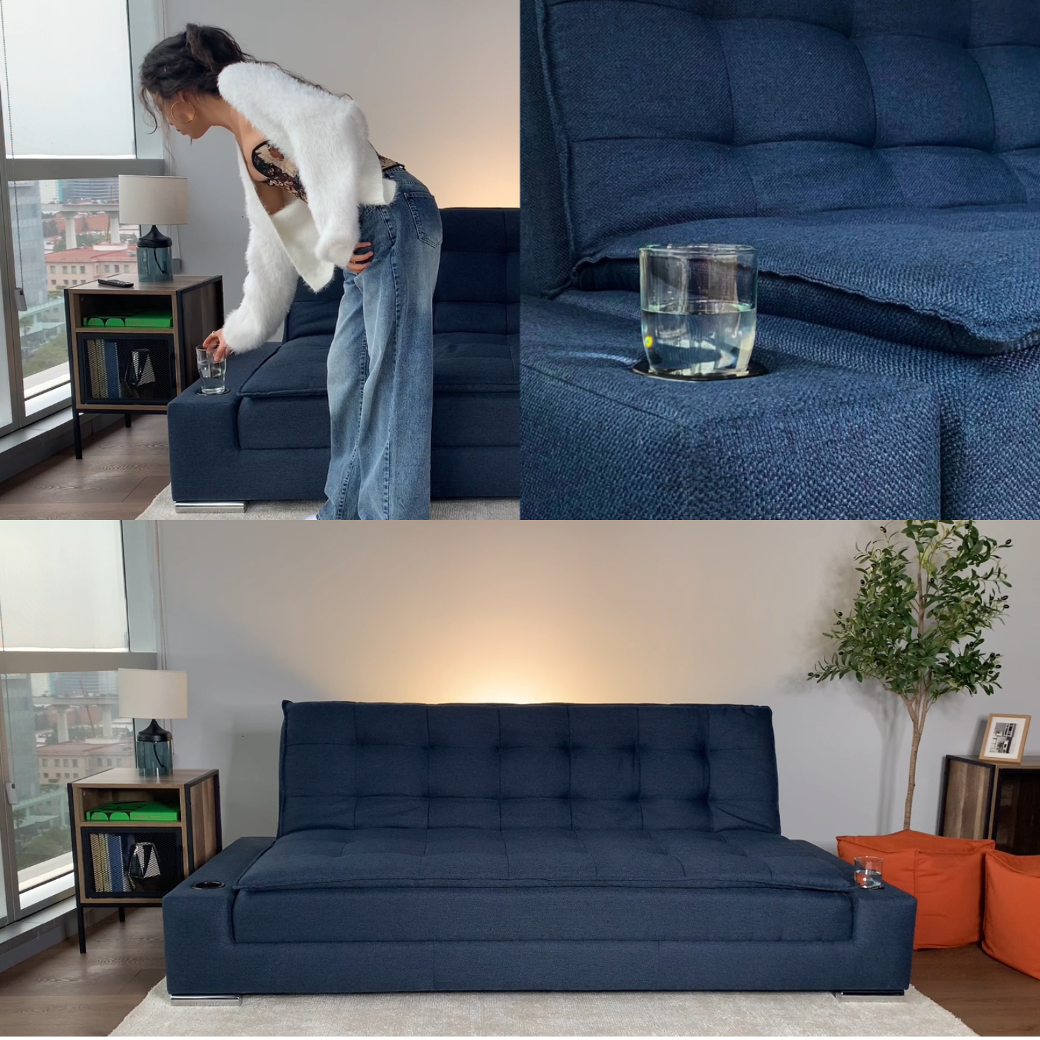 Sofá Cama Matrimonial Multifunción cojín de Respaldo Reversible  Sofá Cama Convertible 2 Portavasos Azul