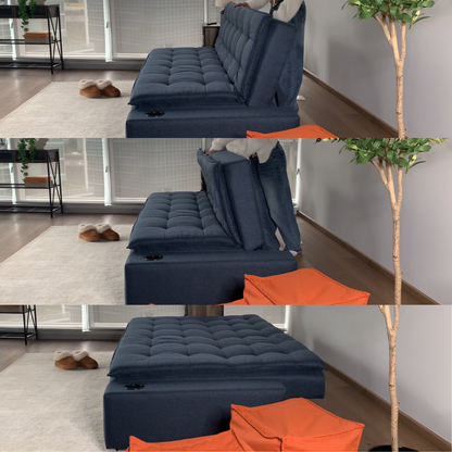 Sofá Cama Matrimonial Multifunción cojín de Respaldo Reversible  Sofá Cama Convertible 2 Portavasos Azul