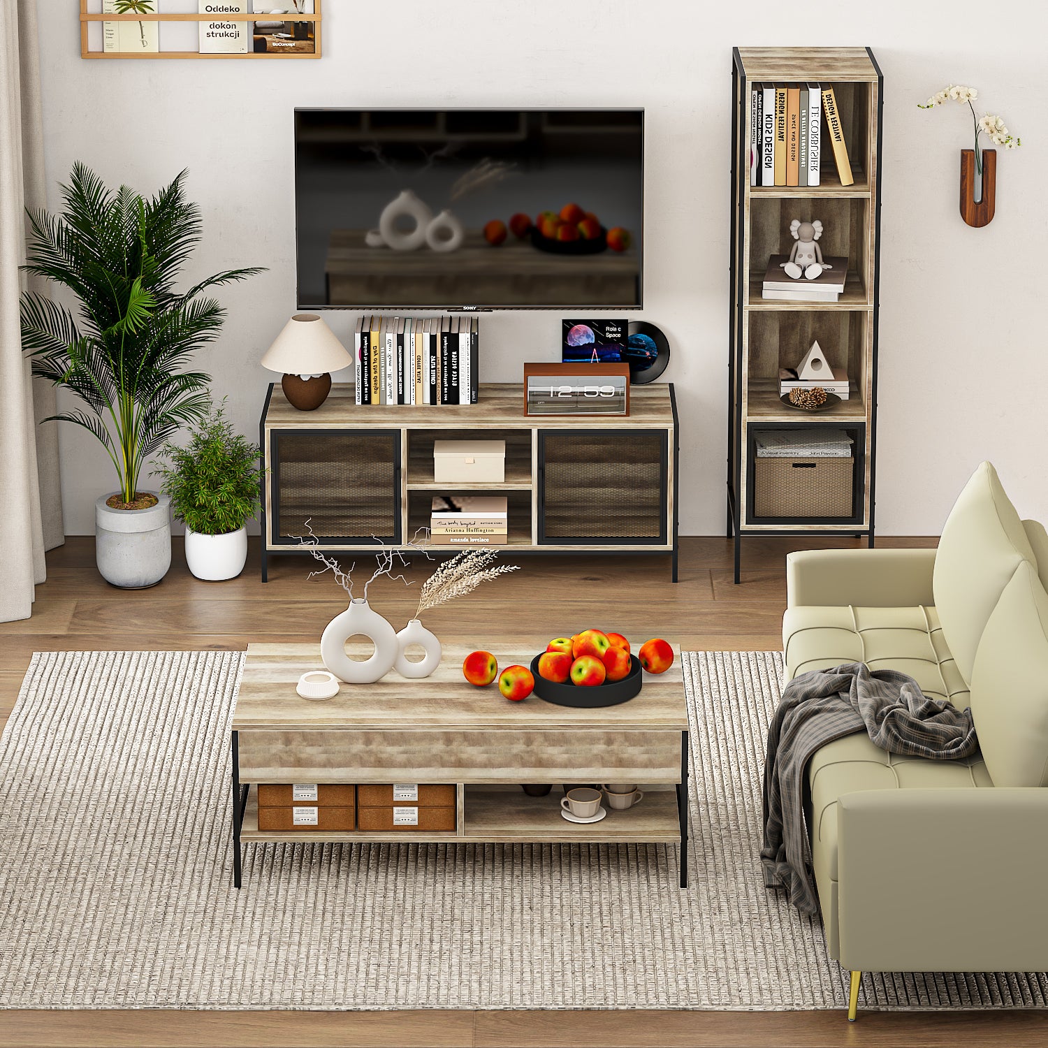 Mueble de Tv + Mesa de Centro Elevable Juego de 2 (Natural)