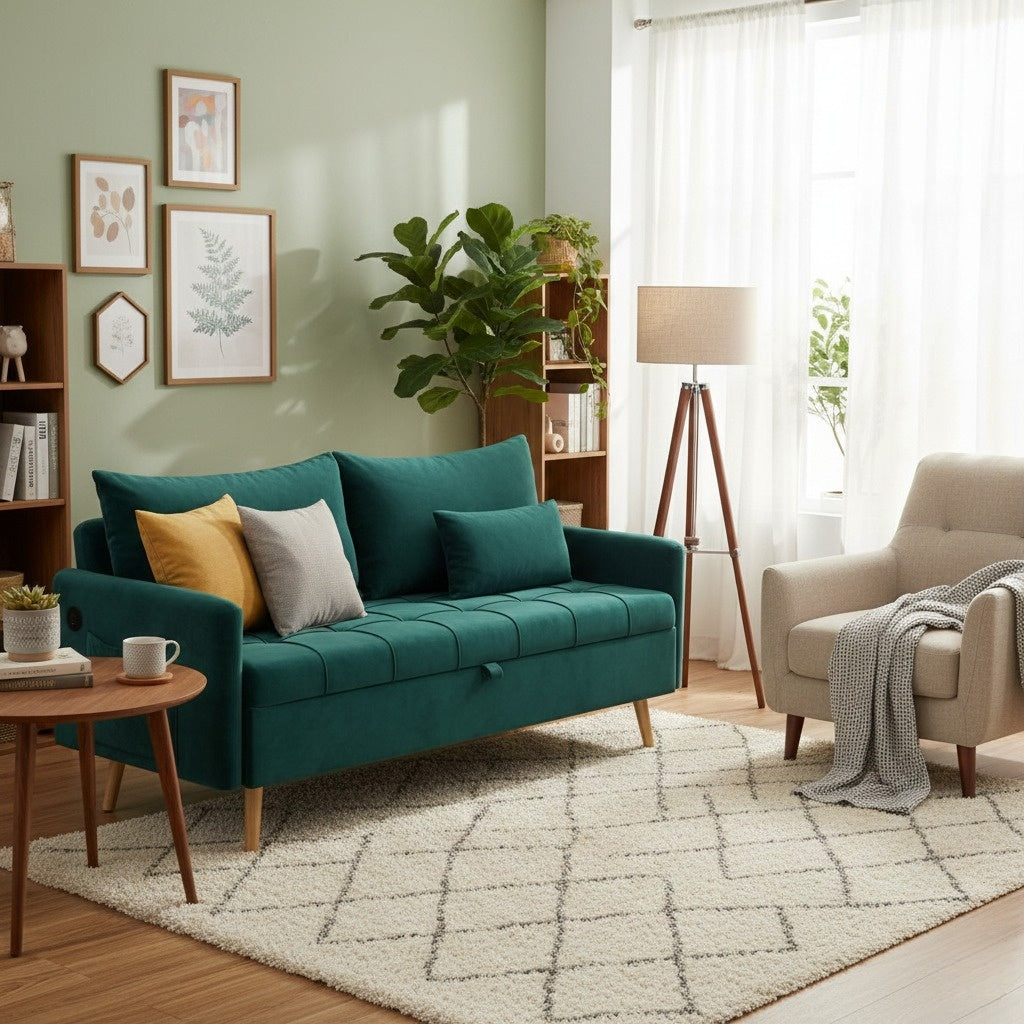 Cyber Homemake ● Sofá de 2 Plazas con Espacio de Almacenamiento y Puerto de Carga (Verde)