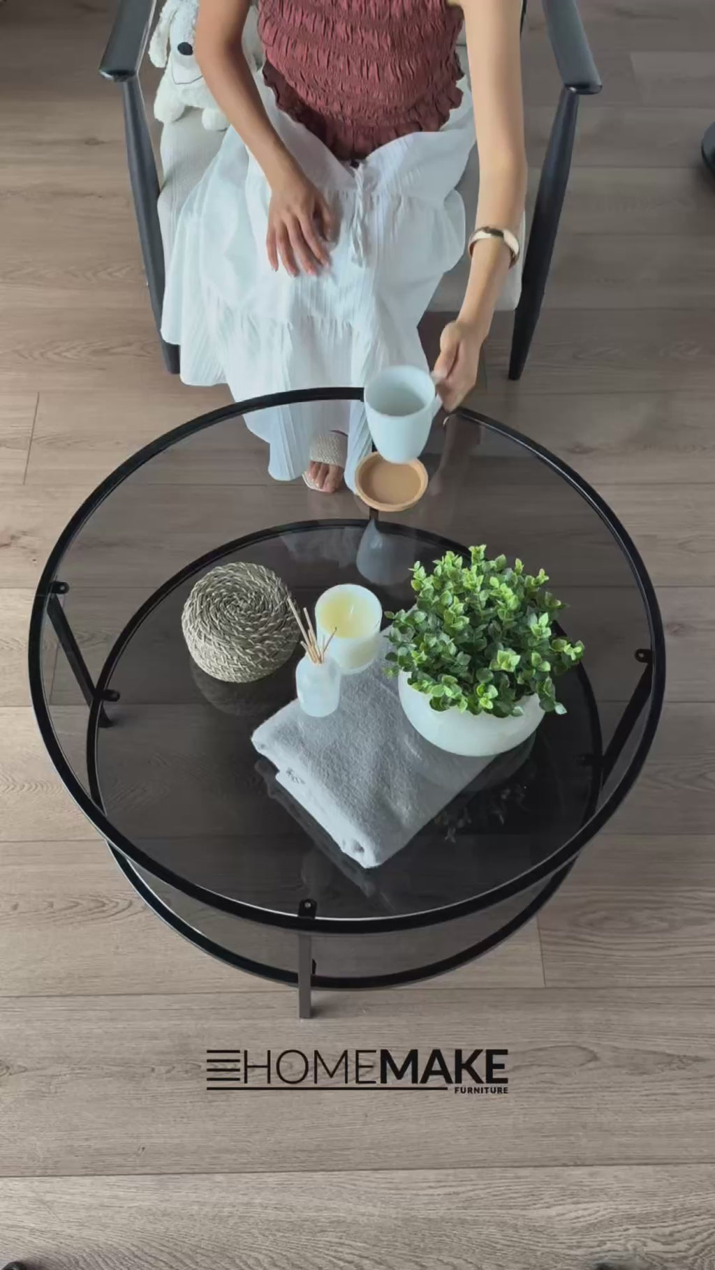 Mesa de centro redonda de cristal 80x80x42cm Gris