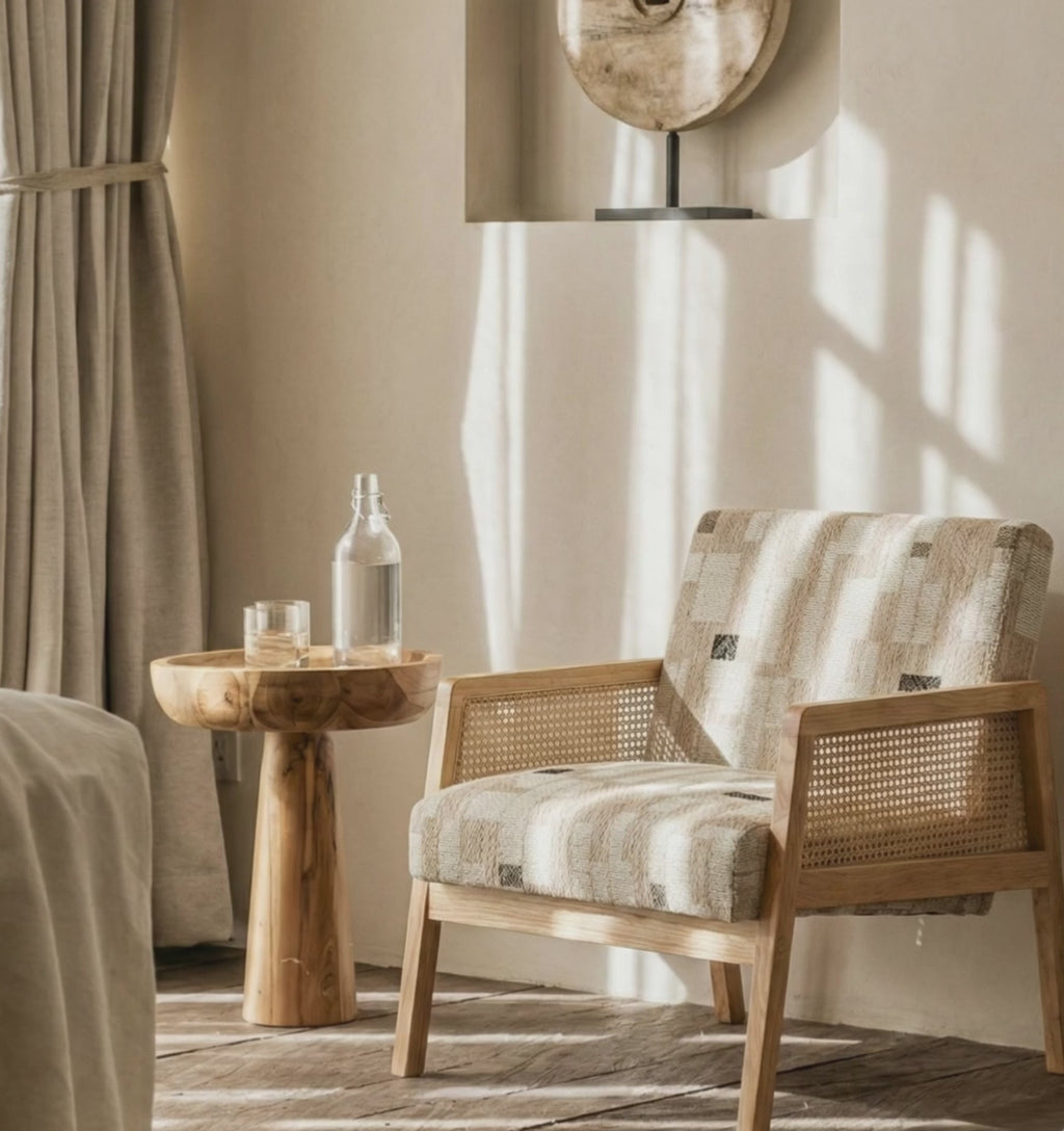Cyber Homemake ● Sillón Individual con Diseño de Ratán Tejido y Estructura de Madera (Beige)