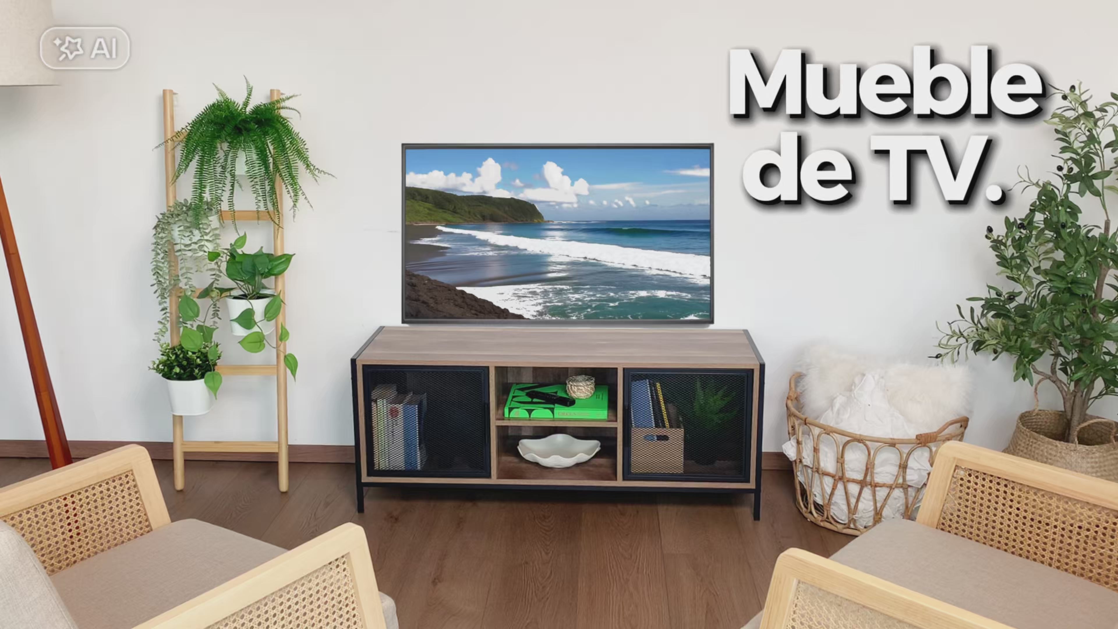 Mueble de TV con Almacenaje Diseño de Malla de Hierro Estilo Industrial (120X40X48cm) Natural