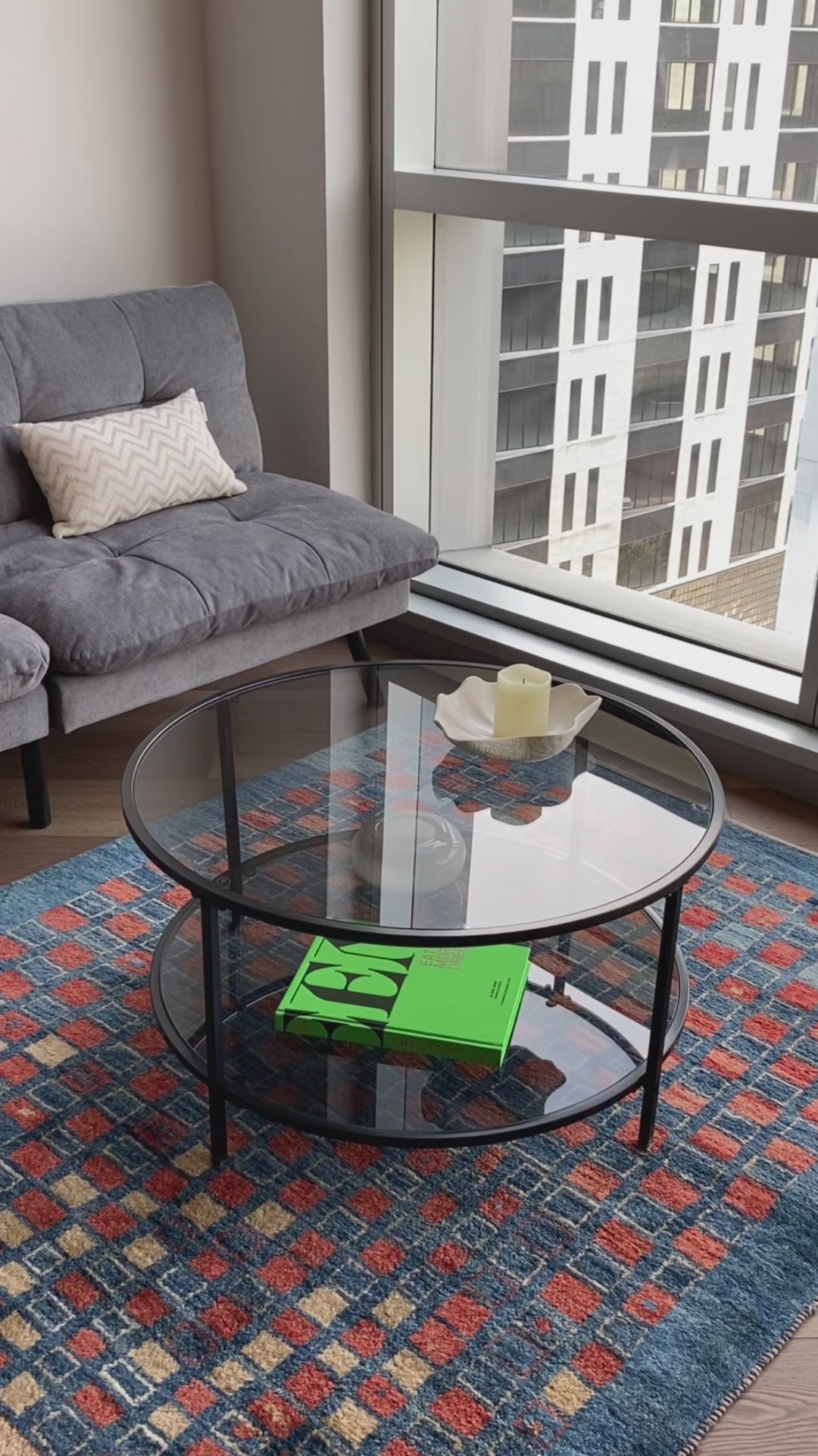 Mesa de centro redonda de cristal 80x80x42cm Gris