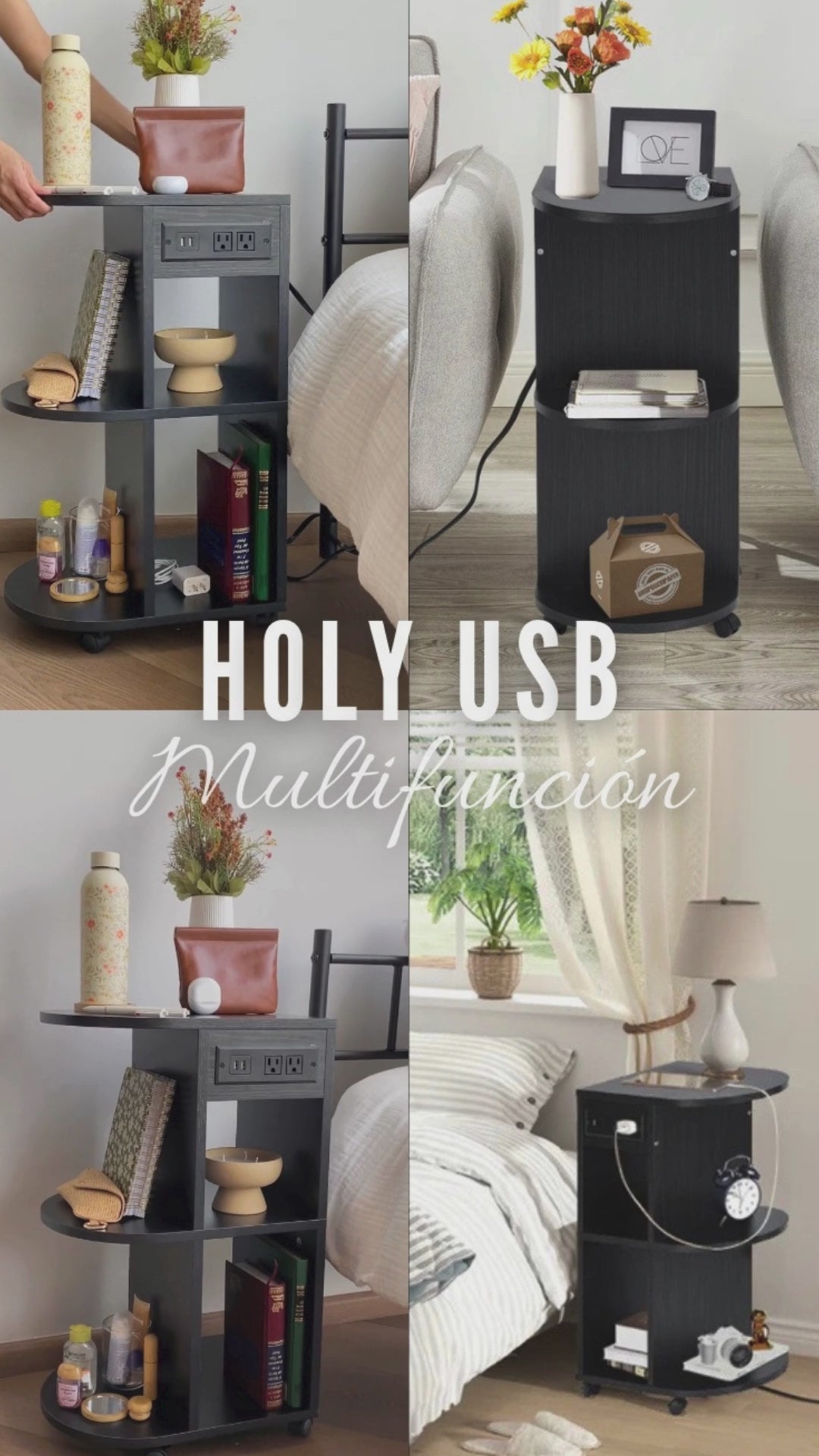 Mesita de Noche con Ruedas y Almacenamiento con Ruedas Bloqueables y Puerto USB Negro